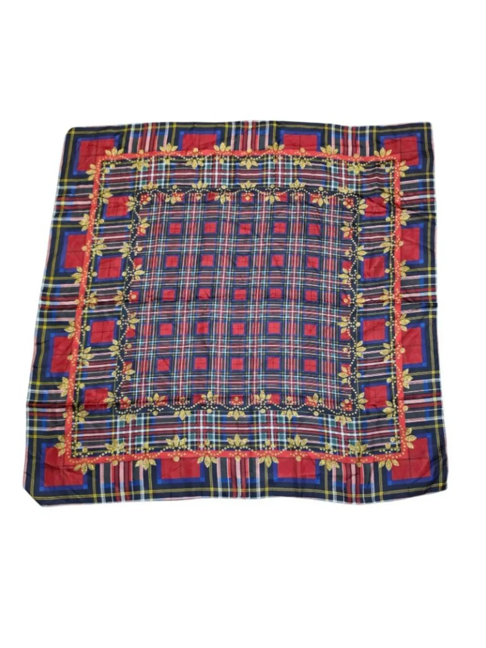 Talbots 100% Silk Square Scarf Plaid Tartan Chain NWT Red Blue Gold Equestrian
